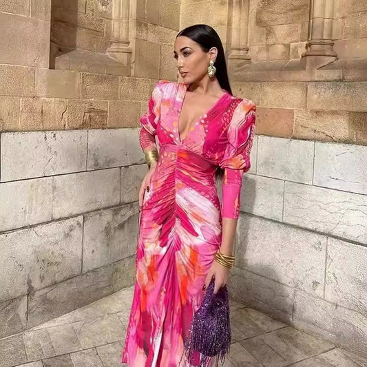 Vestido de Mujer Plisado con Estampado de Manga Larga