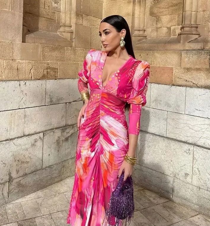 Vestido de Mujer Plisado con Estampado de Manga Larga