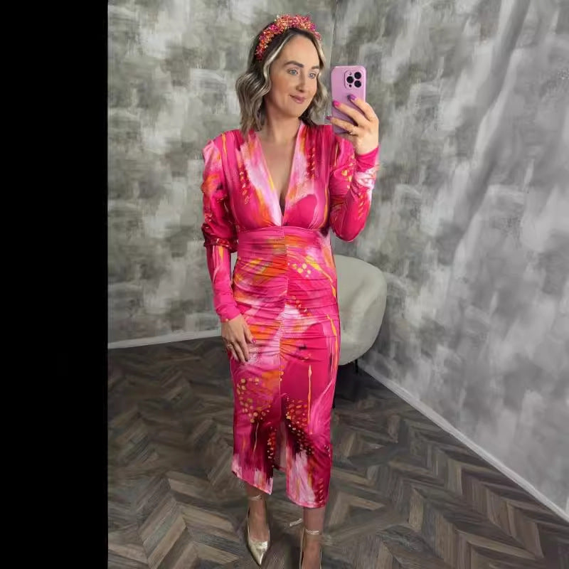 Vestido de Mujer Plisado con Estampado de Manga Larga